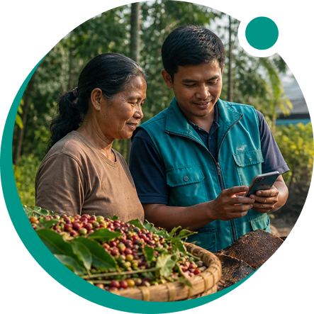 A Hamurni agent and smallholder reviewing commodity records on a phone